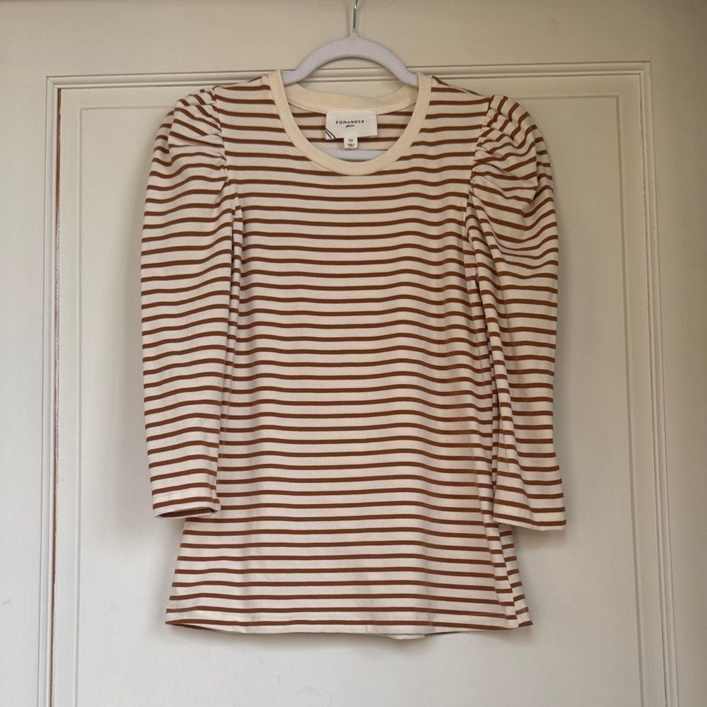 New Without Tag, Cream and Brown Striped Long Puff Sleeve Top By Pomander Place